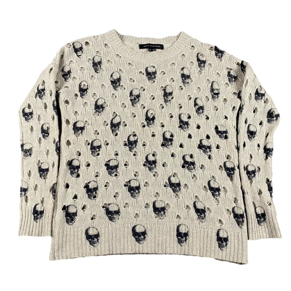 Skull Cashmere 100% Cashmere Distressed Skull Sweater Beige Womens XS 91250